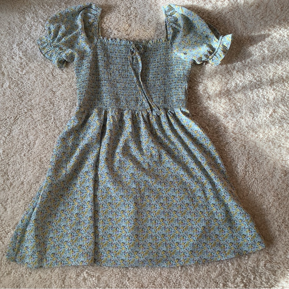 MELLODY Blue & Yellow Smocked Blouse/Mini Dress sz L, Squared Neckline, puff XLV